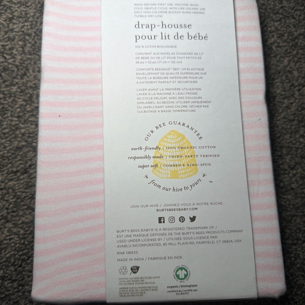 Burt’s Bees Baby Striped Fitted Standard Crib Sheet Organic Cotton Blossom Pink - Picture 2 of 5